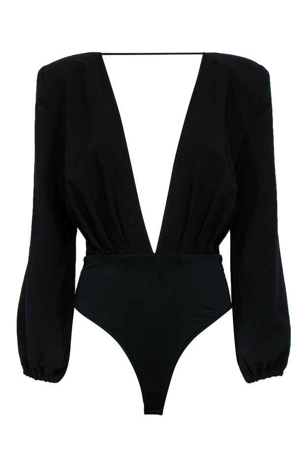 Current Boutique-Michael Costello x Revolve - Black Long Sleeve Deep V-Neck Bodysuit Sz M