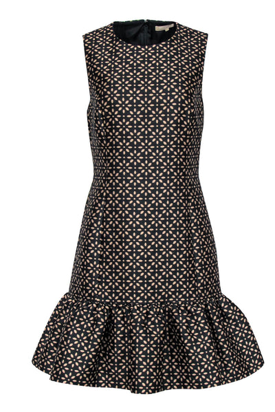 Current Boutique-Michael Kors - Black & Tan Abstract Floral Print Sheath Dress w/ Flounce Hem Sz 10