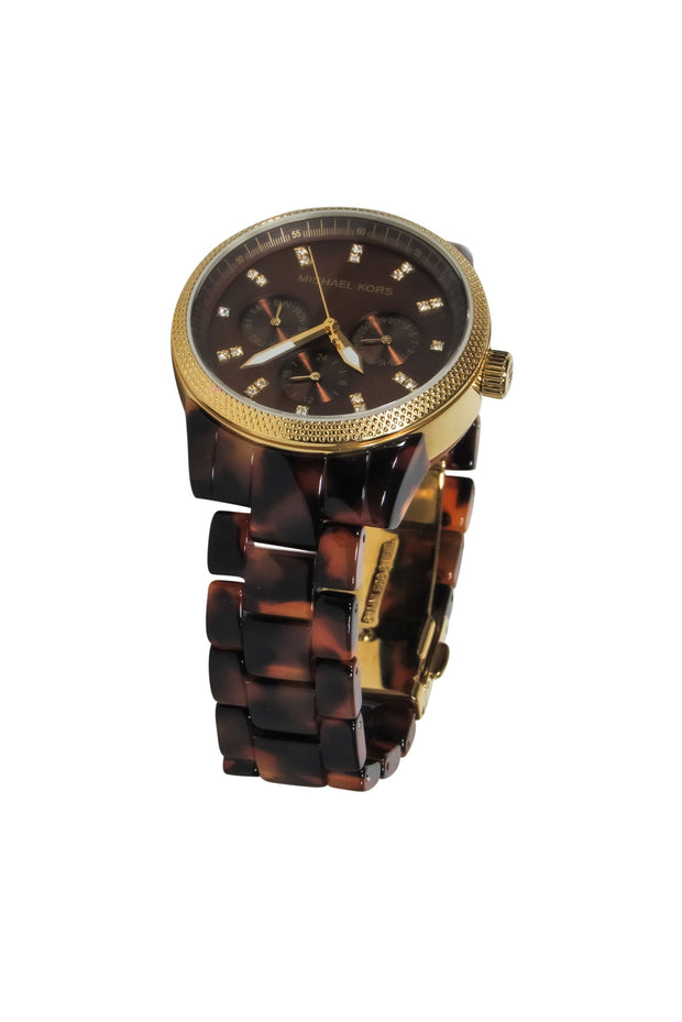 Current Boutique-Michael Kors - Brown Tortoise Shell Lucite Chainlink Watch w/ Jeweled Face