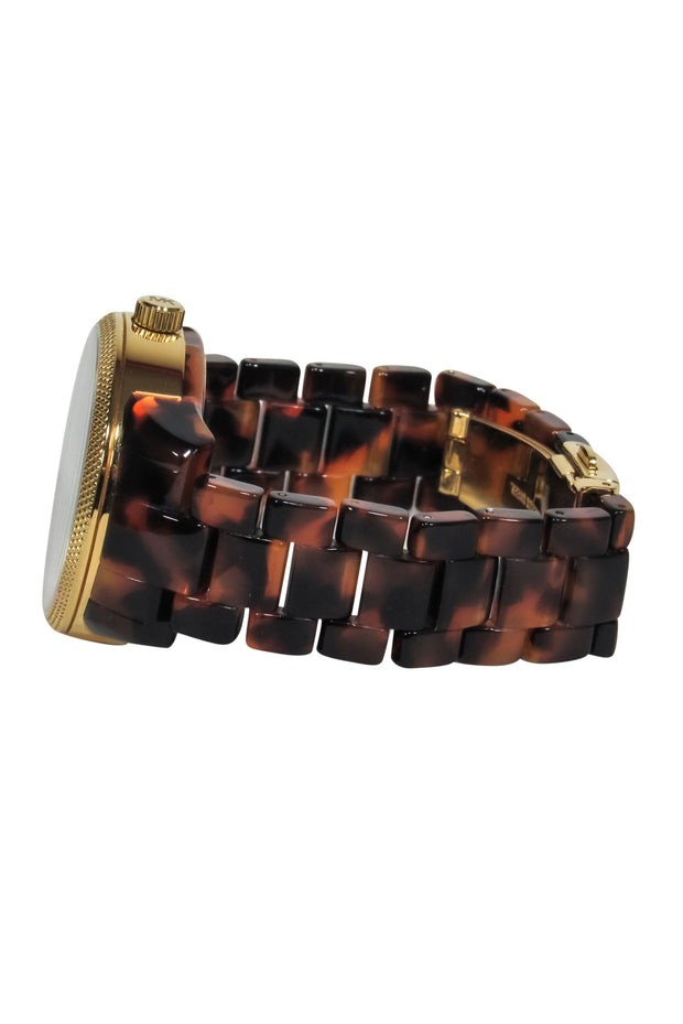 Current Boutique-Michael Kors - Brown Tortoise Shell Lucite Chainlink Watch w/ Jeweled Face