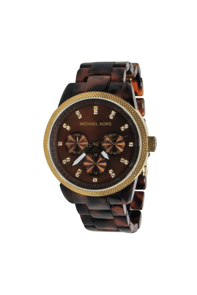 Current Boutique-Michael Kors - Brown Tortoise Shell Lucite Chainlink Watch w/ Jeweled Face