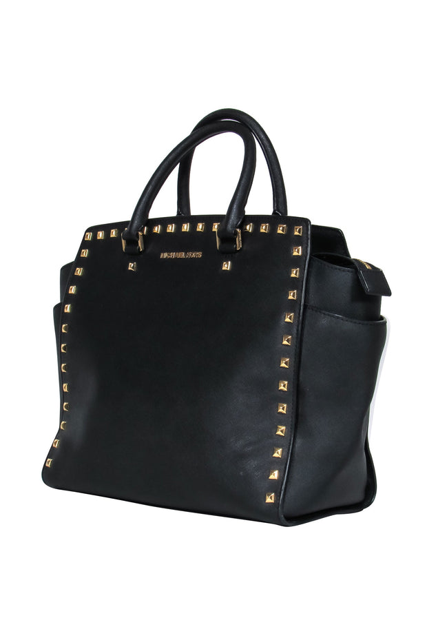 Current Boutique-Michael Michael Kors - Black Leather Tote w/ Gold Square Studs