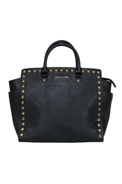 Current Boutique-Michael Michael Kors - Black Leather Tote w/ Gold Square Studs