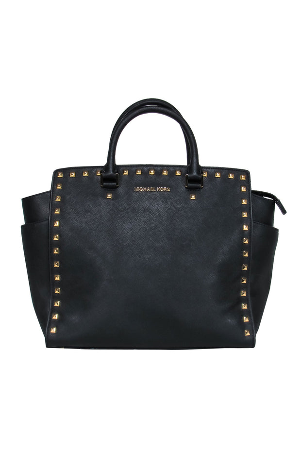 Current Boutique-Michael Michael Kors - Black Leather Tote w/ Gold Square Studs