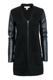 Current Boutique-Michael Michael Kors - Black Longline Zip-Up Knit Cardigan w/ Faux Leather Sleeves Sz P