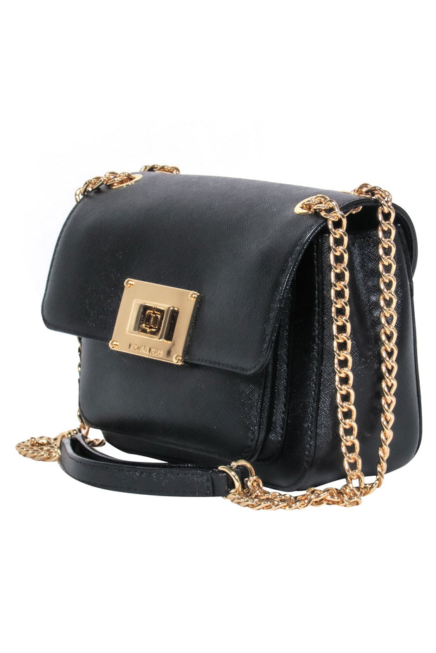 Current Boutique-Michael Michael Kors - Black Textured Leather Crossbody w/ Twist Lock & Chain Strap