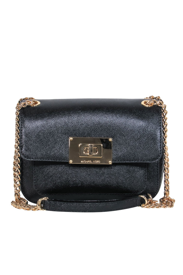 Current Boutique-Michael Michael Kors - Black Textured Leather Crossbody w/ Twist Lock & Chain Strap