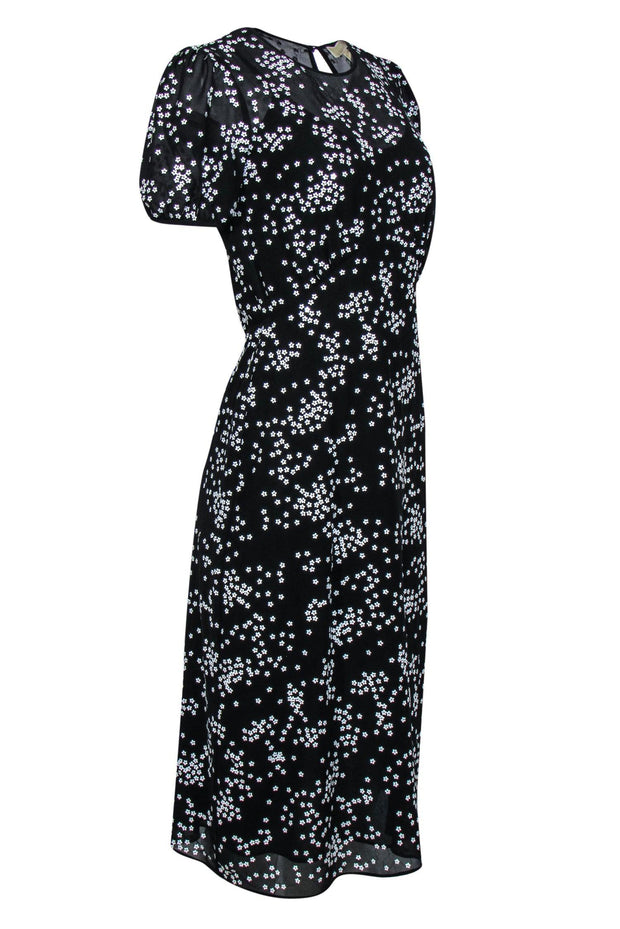 Current Boutique-Michael Michael Kors - Black & White Floral Sequin Puff Sleeve Midi Dress Sz 0