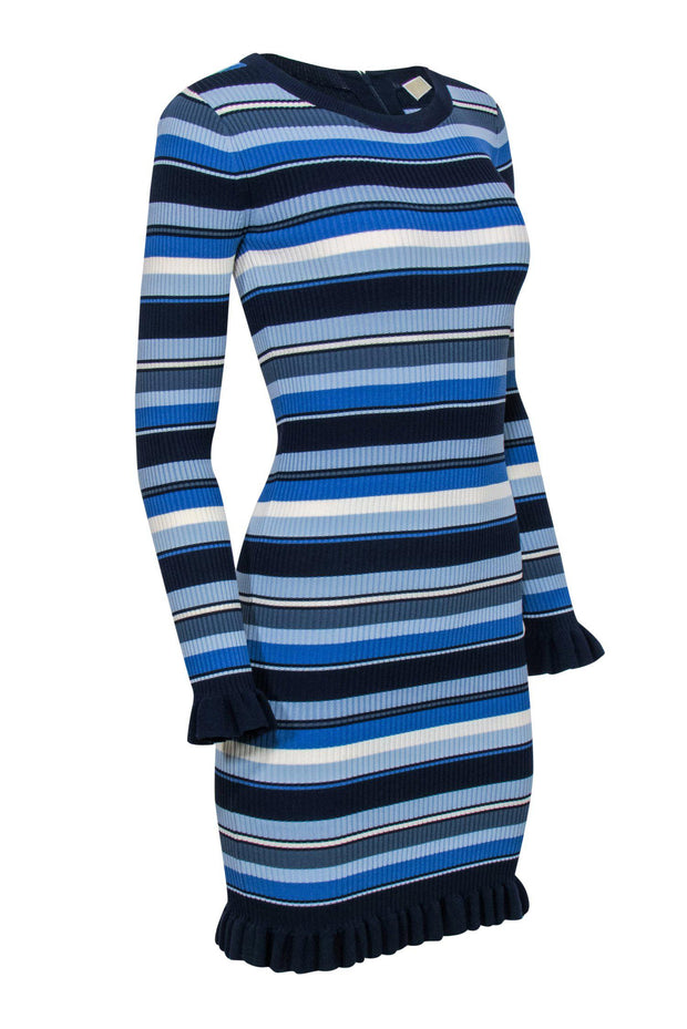 Current Boutique-Michael Michael Kors - Blue Striped Ribbed Knit Bodycon Dress w/ Ruffle Trim Sz XXS