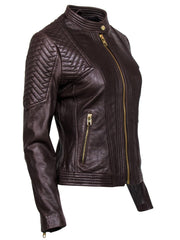 Current Boutique-Michael Michael Kors - Brown Leather Zip-Up Moto Jacket w/ Quilted Shoulders Sz S