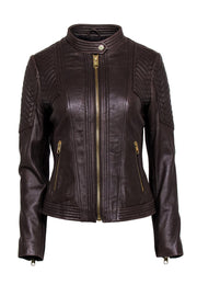 Current Boutique-Michael Michael Kors - Brown Leather Zip-Up Moto Jacket w/ Quilted Shoulders Sz S