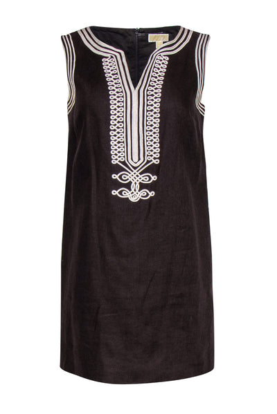 Current Boutique-Michael Michael Kors - Brown Linen Embroidered Mini Shift Dress Sz 2P