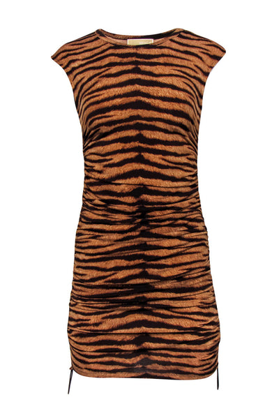 Current Boutique-Michael Michael Kors - Brown Tiger Print Cap Sleeved Ruched Dress Sz S