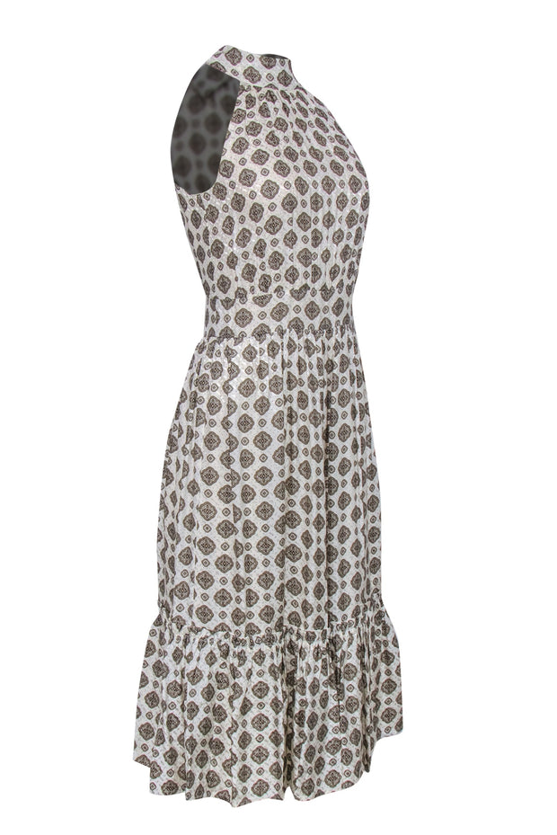 Current Boutique-Michael Michael Kors - Cream & Tan Bohemian Print Pleated Midi Dress w/ Flounce Hem Sz XS