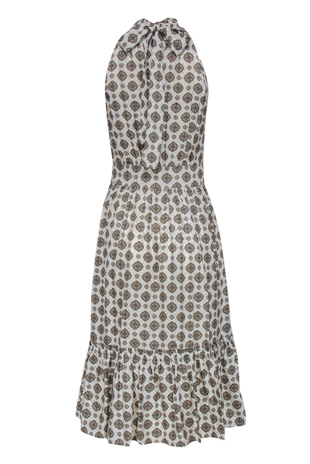 Current Boutique-Michael Michael Kors - Cream & Tan Bohemian Print Pleated Midi Dress w/ Flounce Hem Sz XS