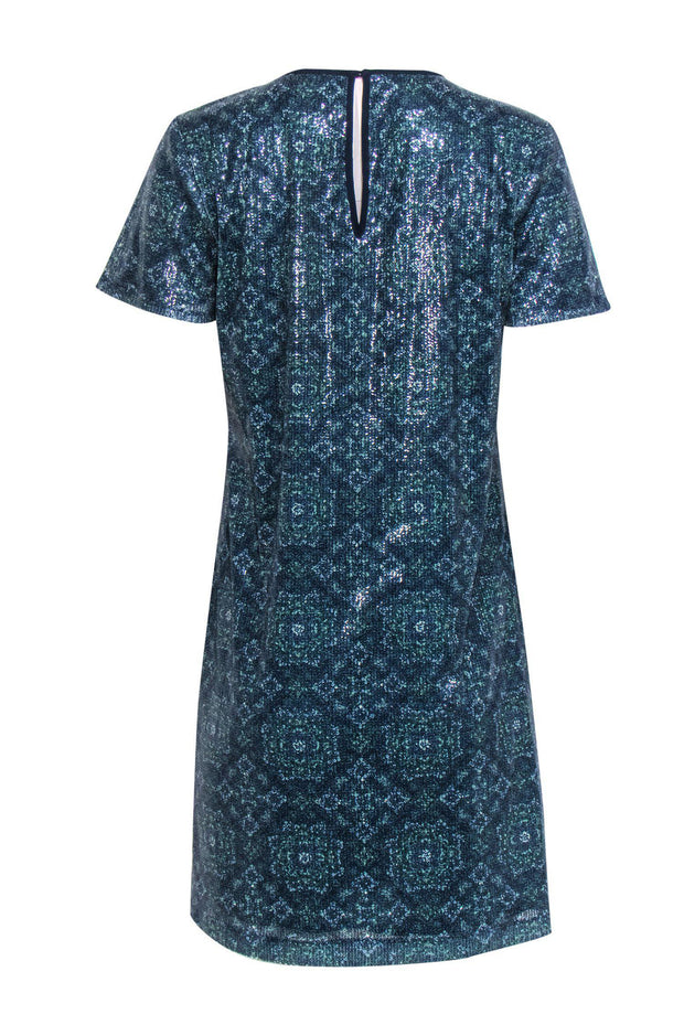 Current Boutique-Michael Michael Kors - Navy & Green Printed Sequin Short Sleeve Shift Dress Sz S