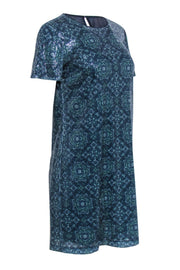 Current Boutique-Michael Michael Kors - Navy & Green Printed Sequin Short Sleeve Shift Dress Sz S