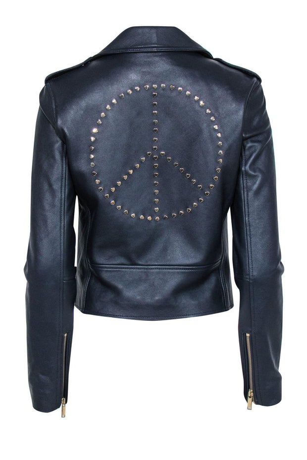 Current Boutique-Michael Michael Kors - Navy Leather Moto-Style Jacket w/ Back Studded Peace Sign Sz S