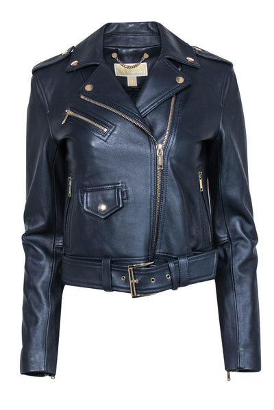 Current Boutique-Michael Michael Kors - Navy Leather Moto-Style Jacket w/ Back Studded Peace Sign Sz S