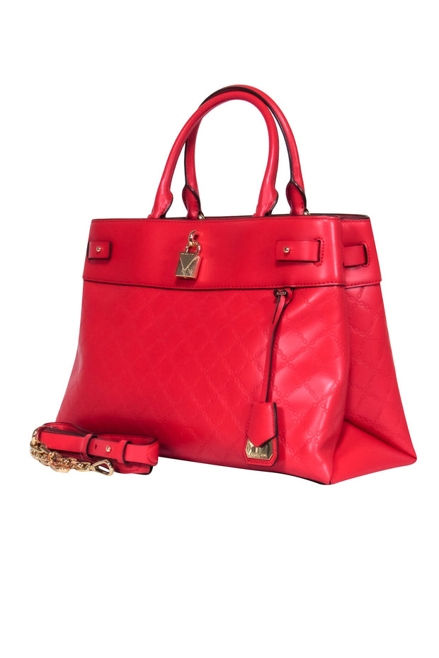 Current Boutique-Michael Michael Kors - Red Leather Embossed Logo Print Tote Bag