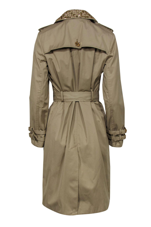 Current Boutique-Michael Michael Kors - Tan Double Breasted Longline Trench Coat w/ Gold Studded Collar Sz M