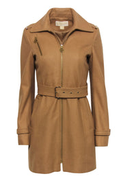 Current Boutique-Michael Michael Kors - Tan Zip-Up Belted Wool Blend Coat Sz 4