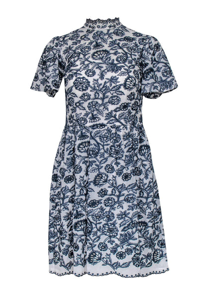 Current Boutique-Michael Michael Kors - White & Navy Floral Lace Short Sleeve Fit & Flare Dress Sz 0