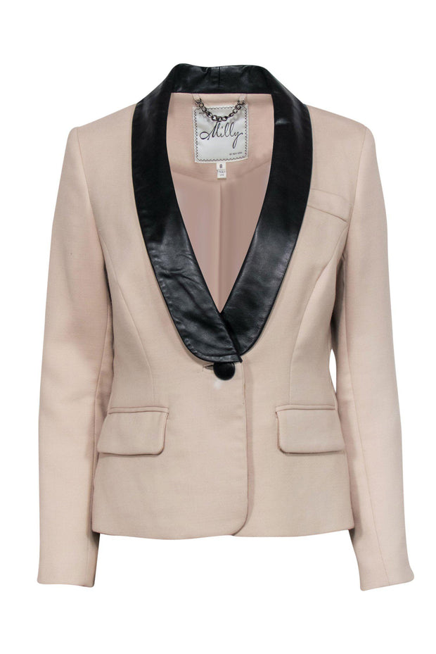 Current Boutique-Milly - Beige Single-Button Blazer w/ Leather Shawl Collar Sz 8