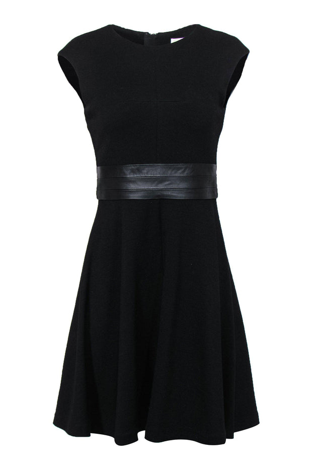 Current Boutique-Milly - Black A-Line Wool Dress w/ Leather Trim Sz 6