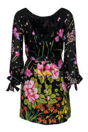 Current Boutique-Milly - Black Floral Print Silk Long Sleeve Belted Shift Dress Sz 2