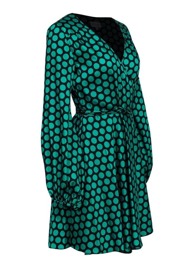 Current Boutique-Milly - Black & Green Polka Dot Long Sleeve Wrap Dress Sz M