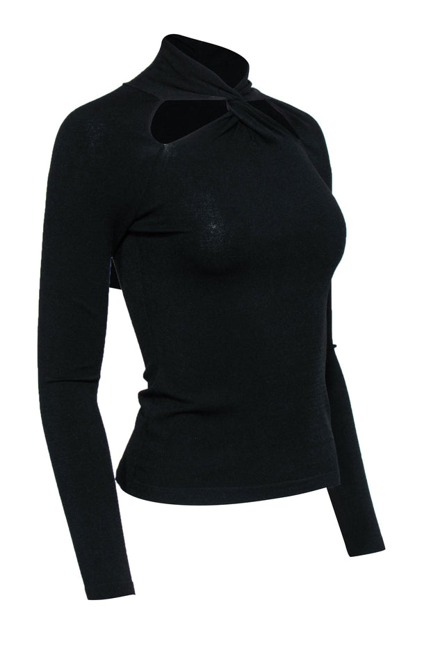 Current Boutique-Milly - Black Long Sleeve Fitted Turtleneck Top w/ Knotted Cutout Sz P