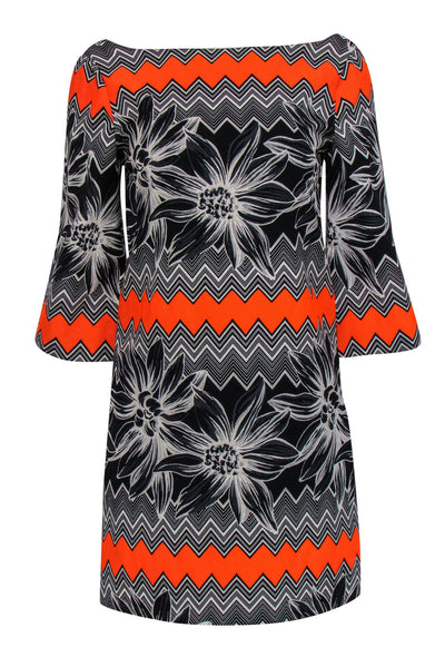 Current Boutique-Milly - Black, Orange & White Chevron & Floral Print Shift Dress Sz 6