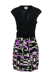 Current Boutique-Milly - Black & Purple Patterned Skirt Belted Dress Sz 12