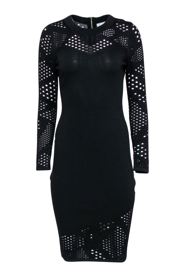 Current Boutique-Milly - Black Ribbed Long Sleeve Bodycon Dress w/ Cutouts Sz M