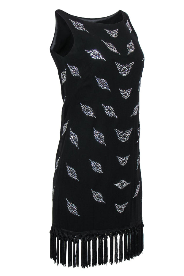 Current Boutique-Milly - Black Sleeveless Silk Shift Dress w/ Rhinestone Design & Fringed Hem Sz 4