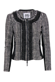 Current Boutique-Milly - Black & White Distressed Tweed Zip-Up Jacket w/ Beading Sz S