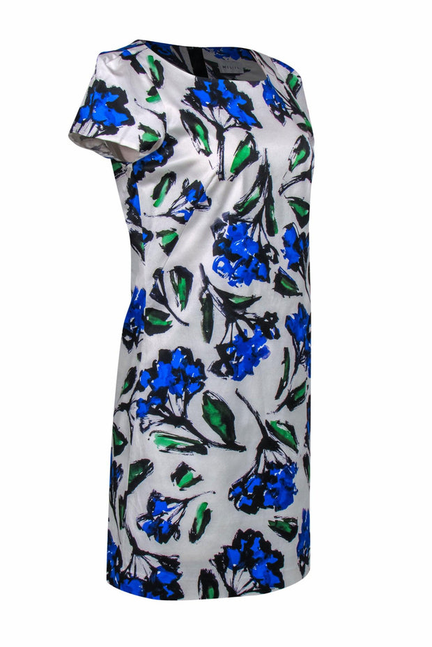 Current Boutique-Milly - Blue, Green & White Painted Floral Cap Sleeve Shift Dress Sz 8