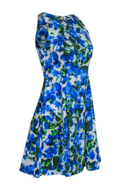 Current Boutique-Milly - Blue, White & Green Floral Print Sleeveless Fit & Flare Dress Sz 2