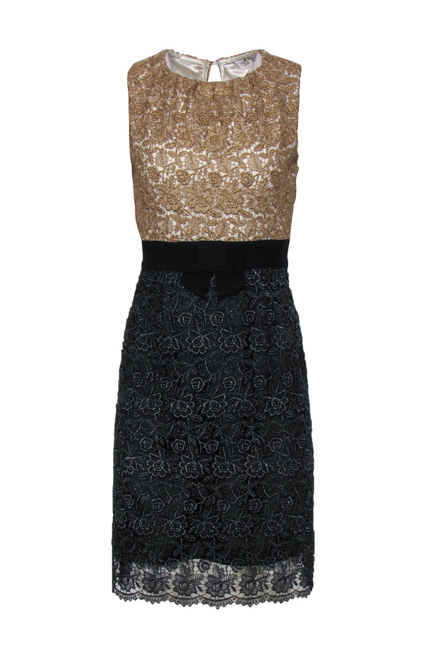 Current Boutique-Milly - Gold & Navy Metallic Lace Sheath Dress w/ Ribbon Waist Sz 4