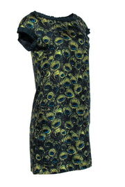 Current Boutique-Milly - Green Peacock Feather Printed Silk Shift Dress w/ Ribbon Trim Sz 4