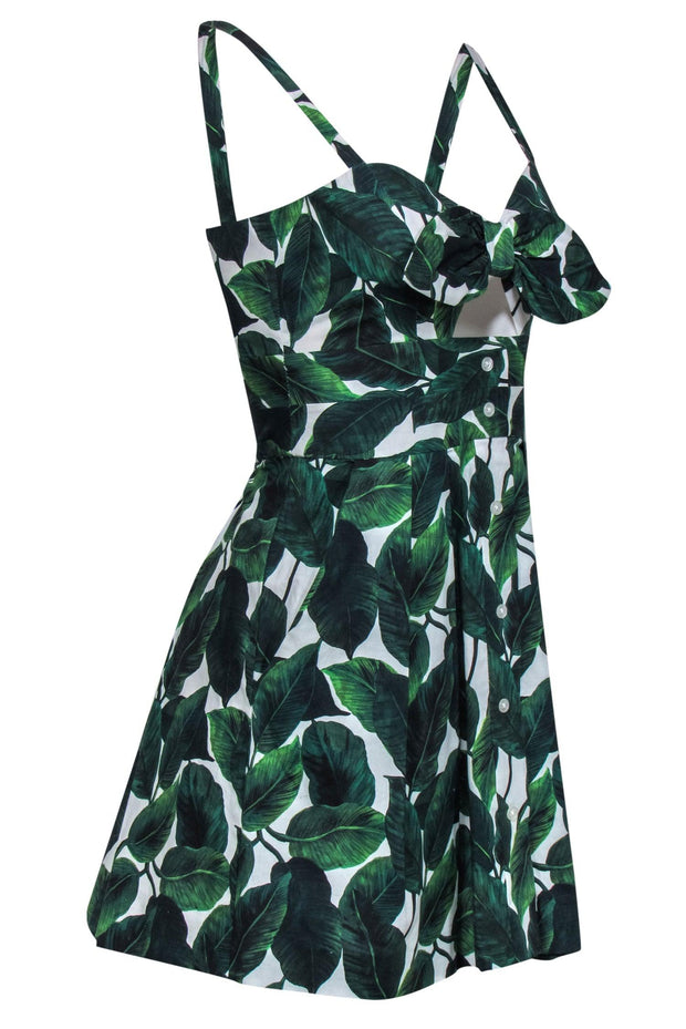 Current Boutique-Milly - Green & White Leaf Print Sleeveless Fit & Flare Dress w/ Cutout Sz 0