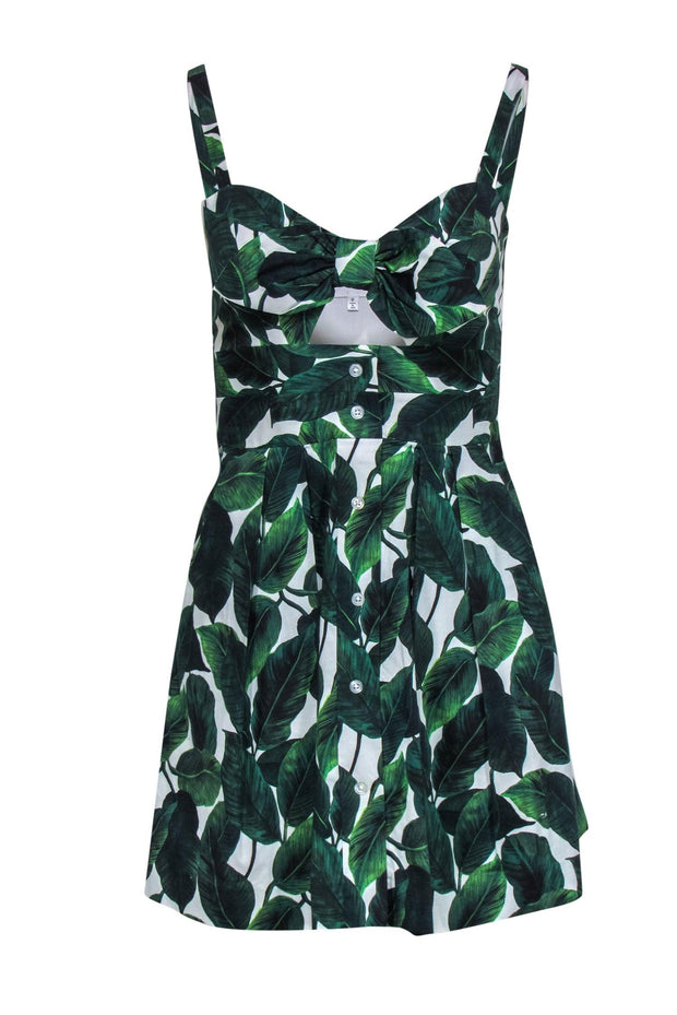 Current Boutique-Milly - Green & White Leaf Print Sleeveless Fit & Flare Dress w/ Cutout Sz 0