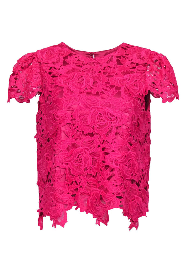 Current Boutique-Milly - Hot Pink Floral Lace Cap Sleeve Blouse Sz M