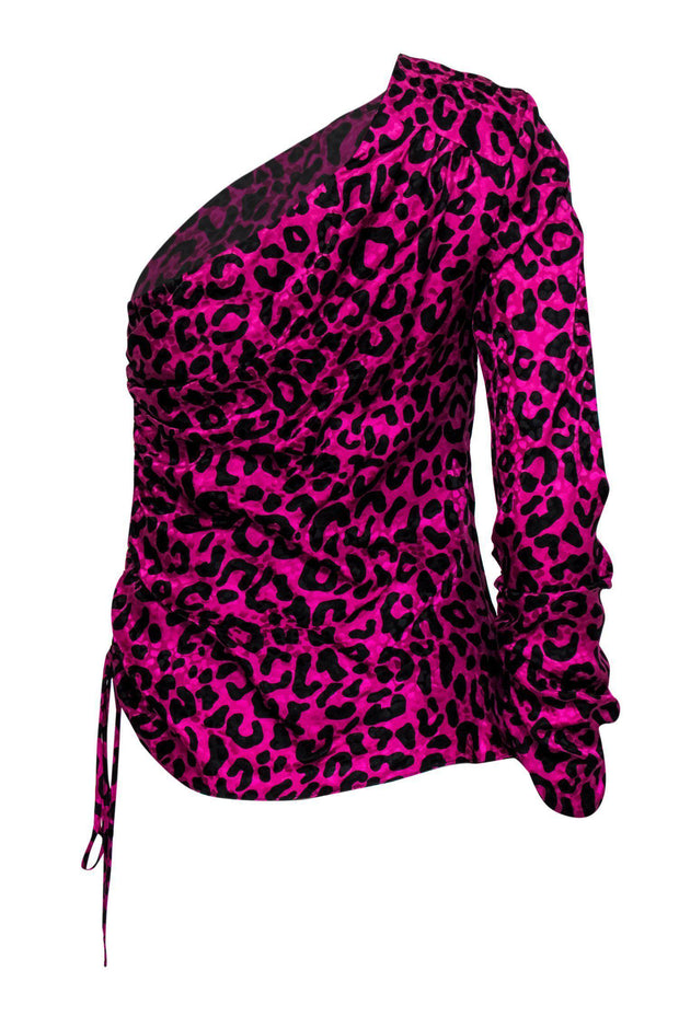 Current Boutique-Milly - Magenta & Black Leopard Print One-Shoulder Ruched Silk “Ciara” Blouse Sz 4