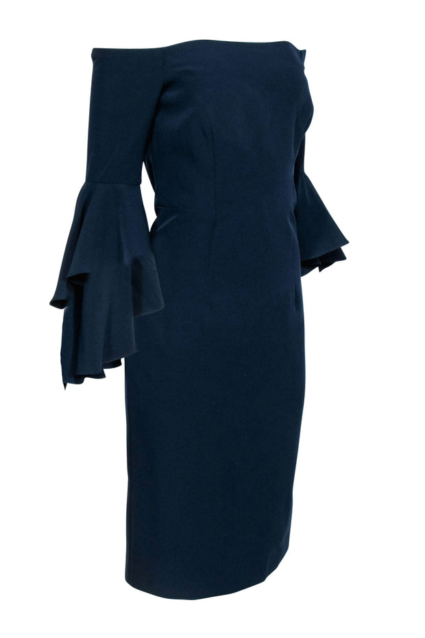 Current Boutique-Milly - Navy Off-the-Shoulder Ruffle Sleeve Sheath Dress Sz 10