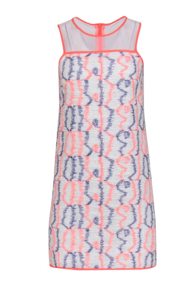 Current Boutique-Milly - Neon Pink, Navy & White Embroidered Dress w/ Illusion Neckline Sz 2