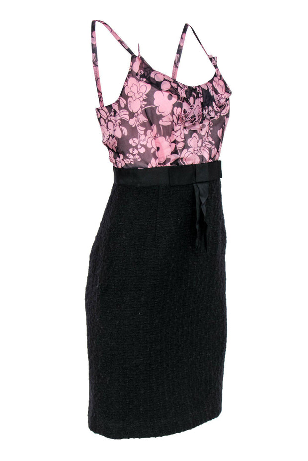 Current Boutique-Milly - Pink Floral Silk & Black Tweed Fitted Dress Sz 4