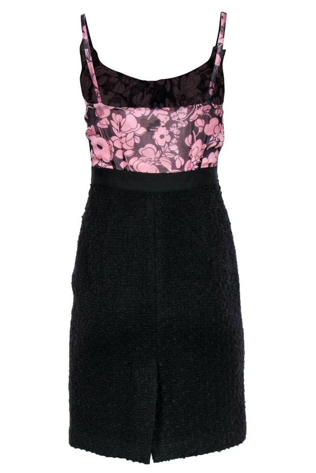 Current Boutique-Milly - Pink Floral Silk & Black Tweed Fitted Dress Sz 4