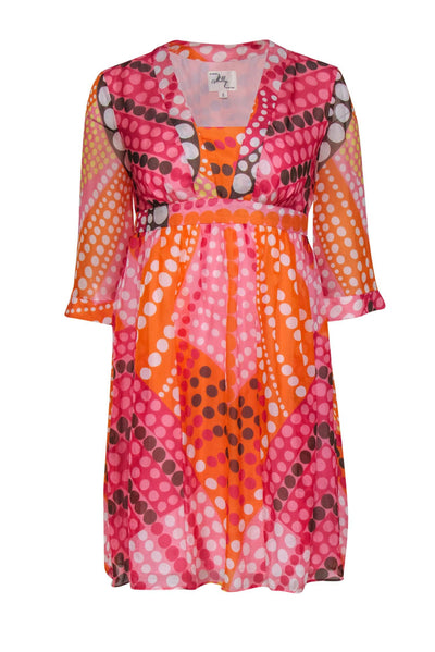 Current Boutique-Milly - Pink & Orange Polka Dot Printed Empire Waist Dress Sz 2